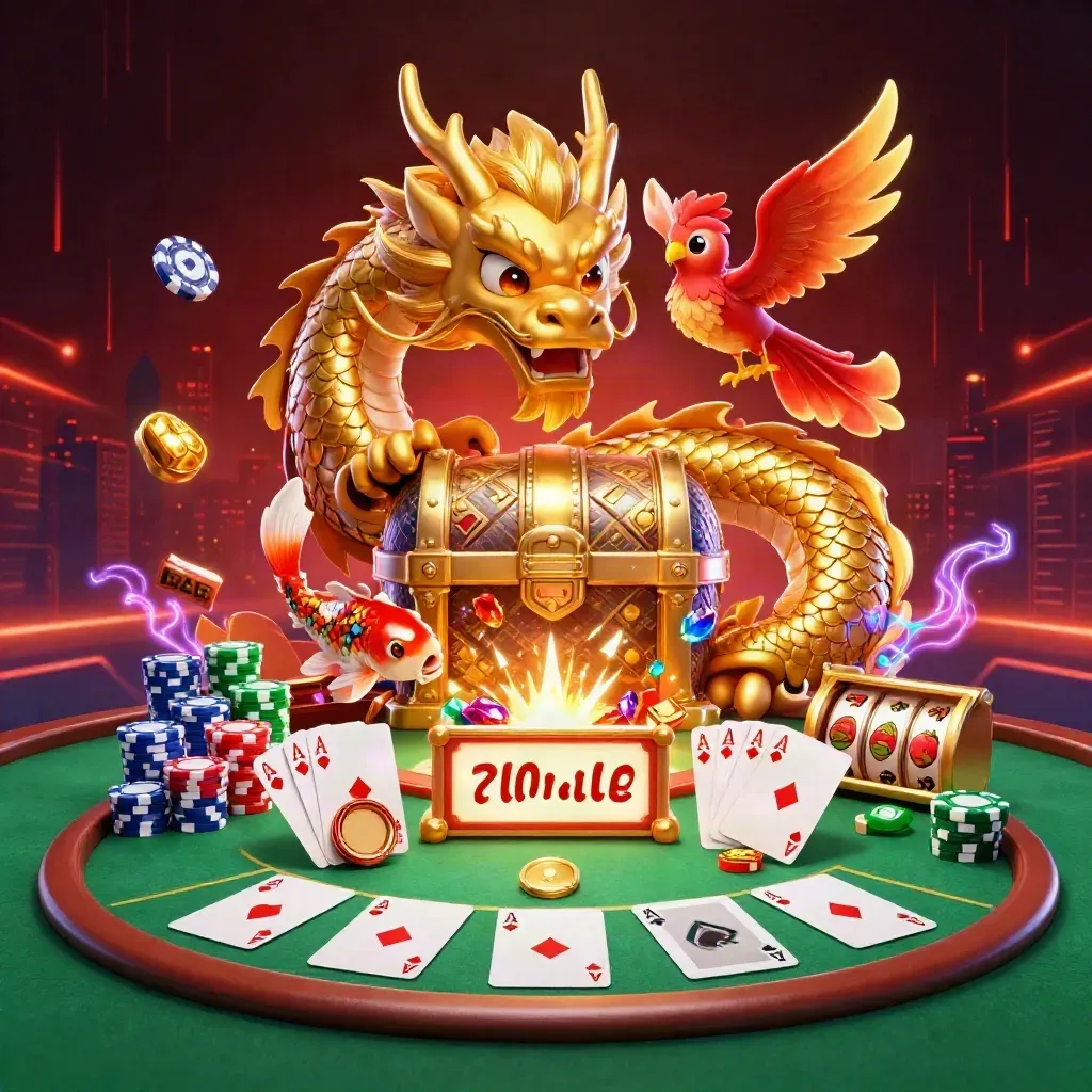 Golden dragon with phoenix and koi erupt around poker cards, chips and neon casino energy in dark luxe tones.