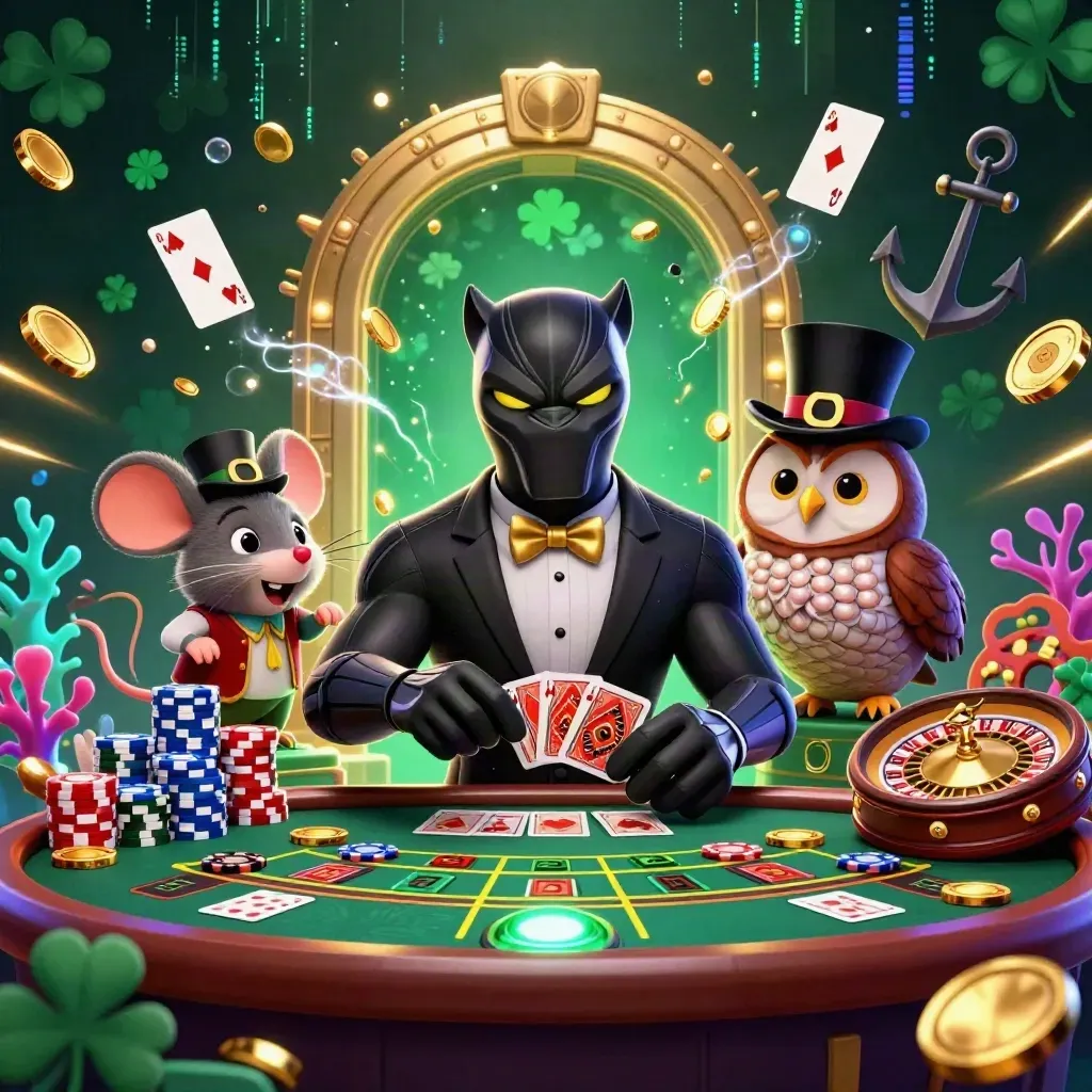 Panther, owl and mouse amid a treasure burst, coin shower, roulette wheel and glowing casino effects.