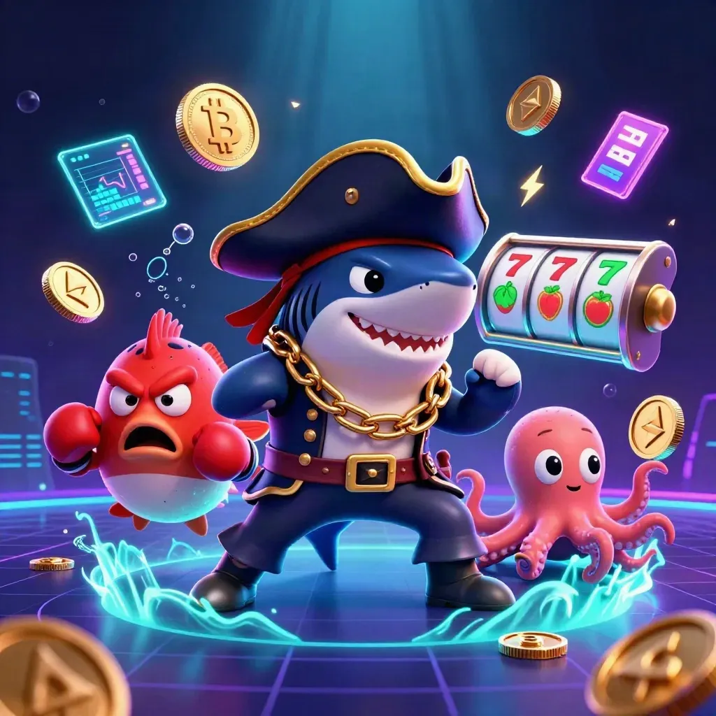 Shark pirate, red pufferfish, and baby octopus amid neon coins and casino symbols