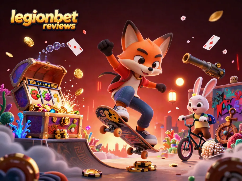 Experience legionbet reviews with a vibrant illustration featuring animated casino elements and characters.