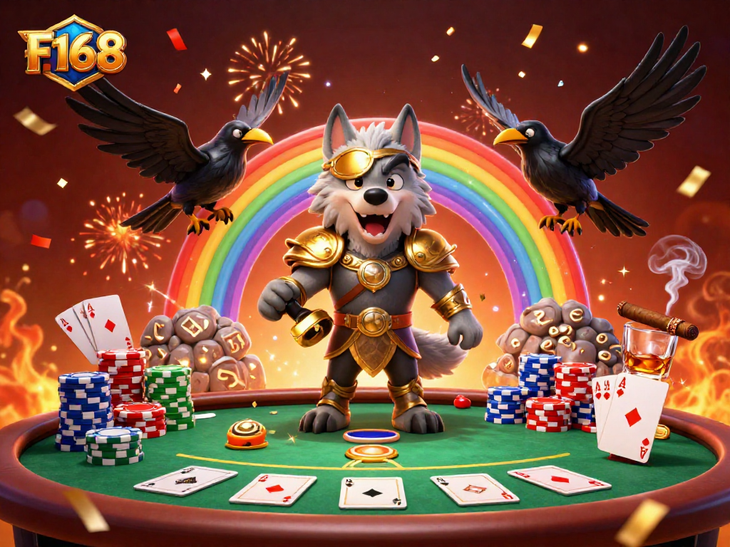 Experience F168 with Odin and his ravens amid vibrant casino elements and celebratory fireworks.