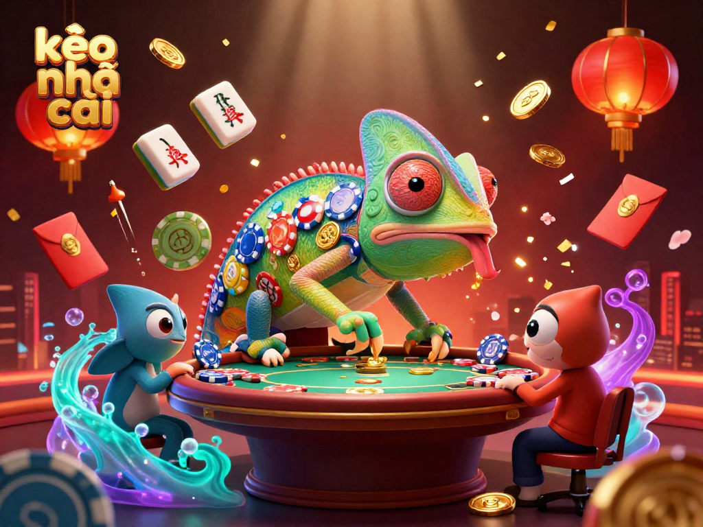 Engage with kèo nhà cái in a vibrant casino scene featuring a chameleon owner amidst dynamic game elements.