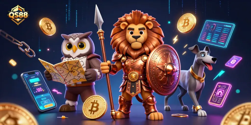 QS88 players explore winning strategies with a Spartan lion, owl, and greyhound in a vibrant casino scene.