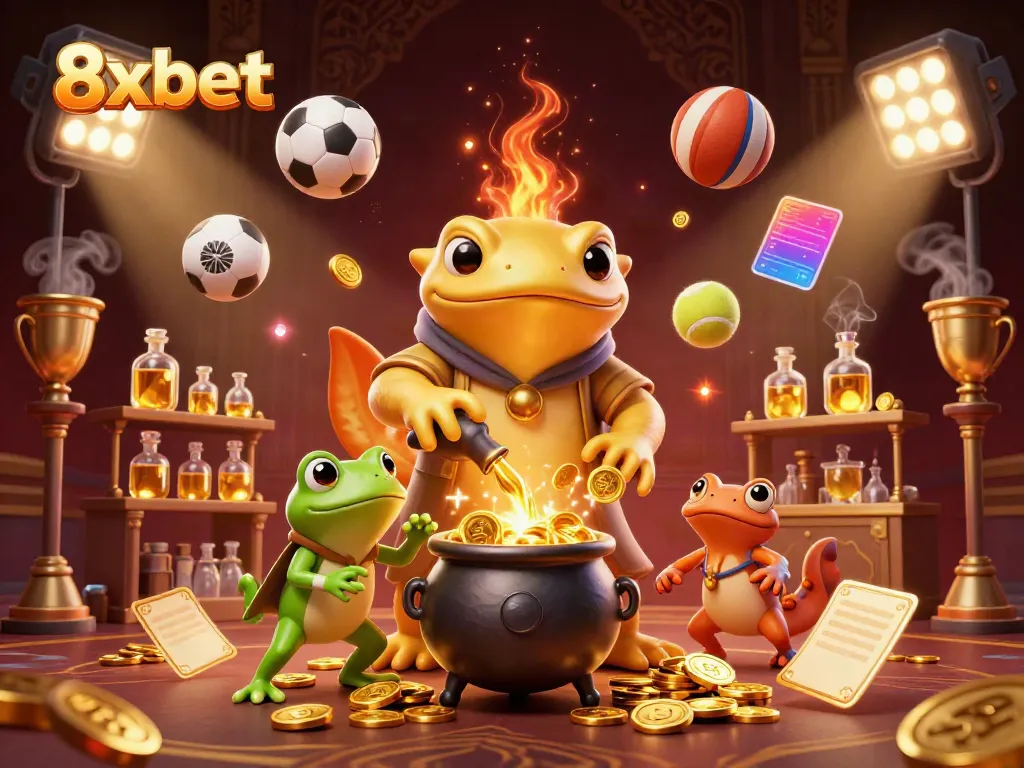 Experience the vibrant casino excitement with 8xbet as golden characters and sports elements intertwine in a dynamic scene.
