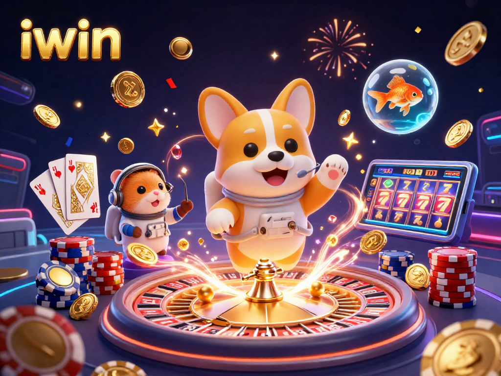 Iwin casino experience with 3D astronaut corgi and mission-control hamster amid floating poker chips and coins.