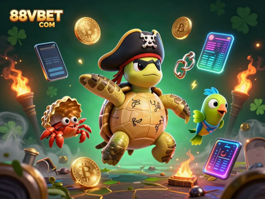 Engage with 88VBET COM in this vibrant 3D casino scene filled with golden treasure and crypto elements.
