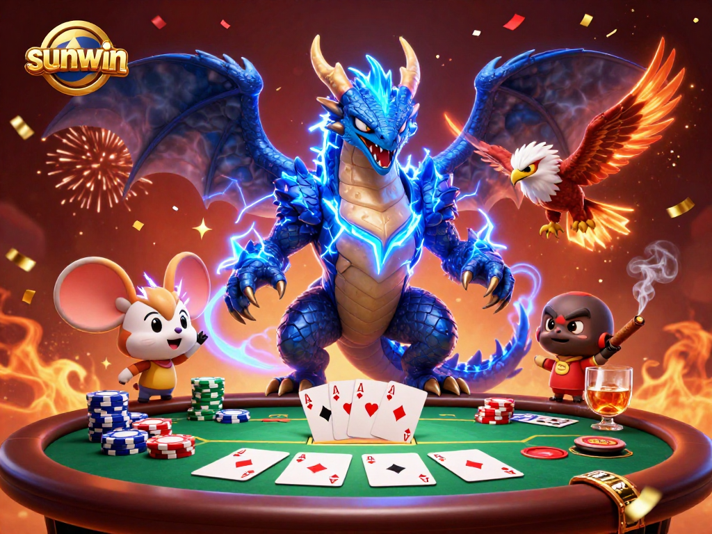 Experience thrilling moments at Sunwin with a dynamic poker showdown featuring vibrant, electrifying characters and rich casino elements.