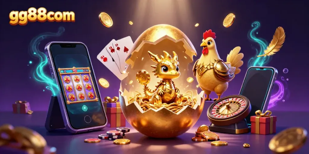 Experience the excitement of gg88com with a vibrant illustration featuring a golden dragon amidst poker chips and slot games.