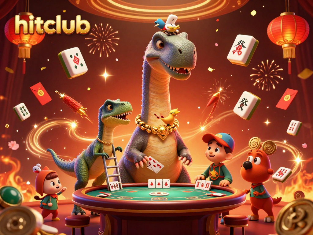 Engage with hitclub's vibrant 3D casino scene featuring a brontosaurus and playful raptor.
