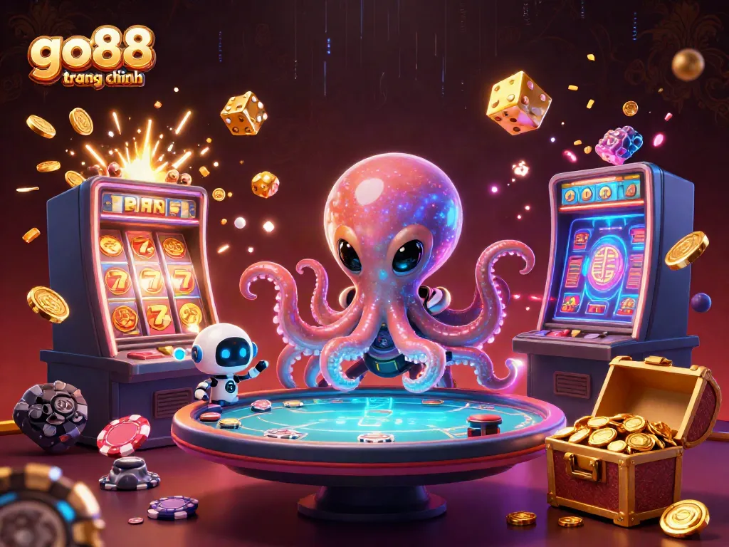 Play exciting games at GO88 trang chính, featuring a vibrant alien casino scene with poker and slot machines.