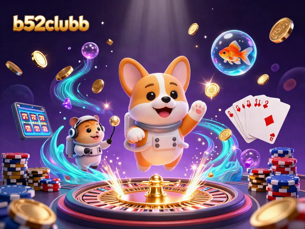Engage with the b52clubb casino universe featuring a floating corgi and vibrant casino elements.
