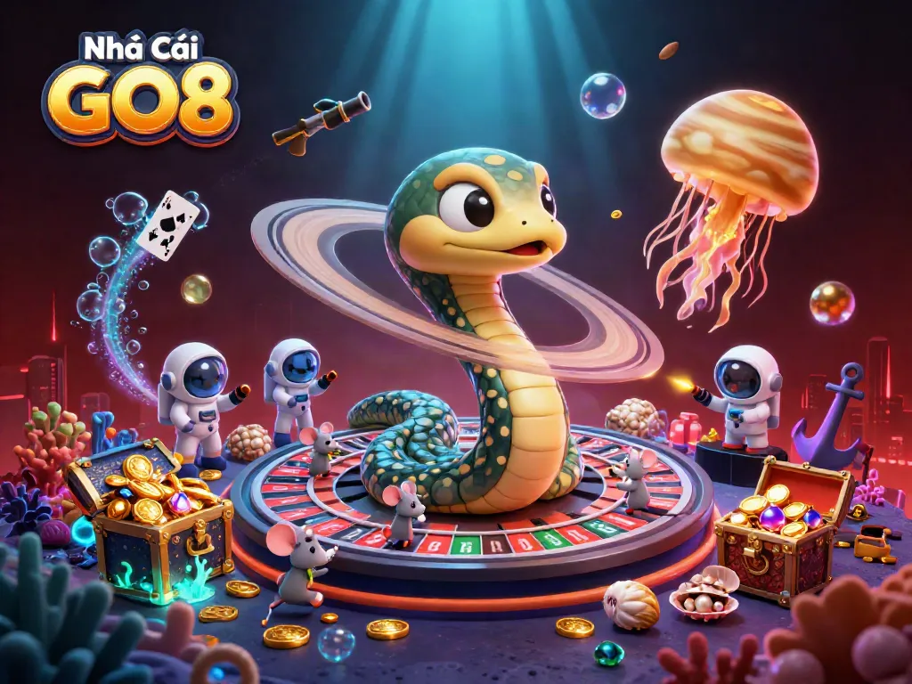 Bet and win at Nhà Cái GO8 with a cosmic casino scene featuring a roulette wheel and astronaut mice.