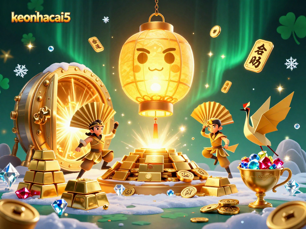 Experience the thrill of winning with keonhacai5 at a bustling casino scene filled with treasures.