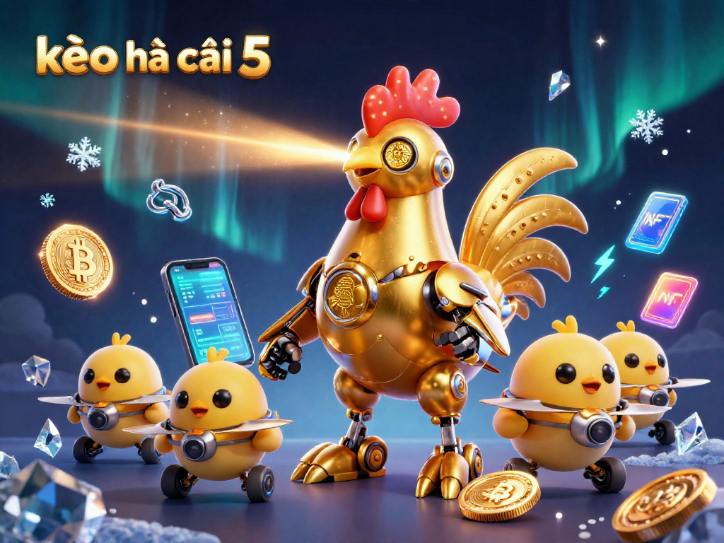 Engage with kèo nhà cái 5 through a vibrant 3D casino scene featuring a golden rooster robot and cryptocurrency coins.