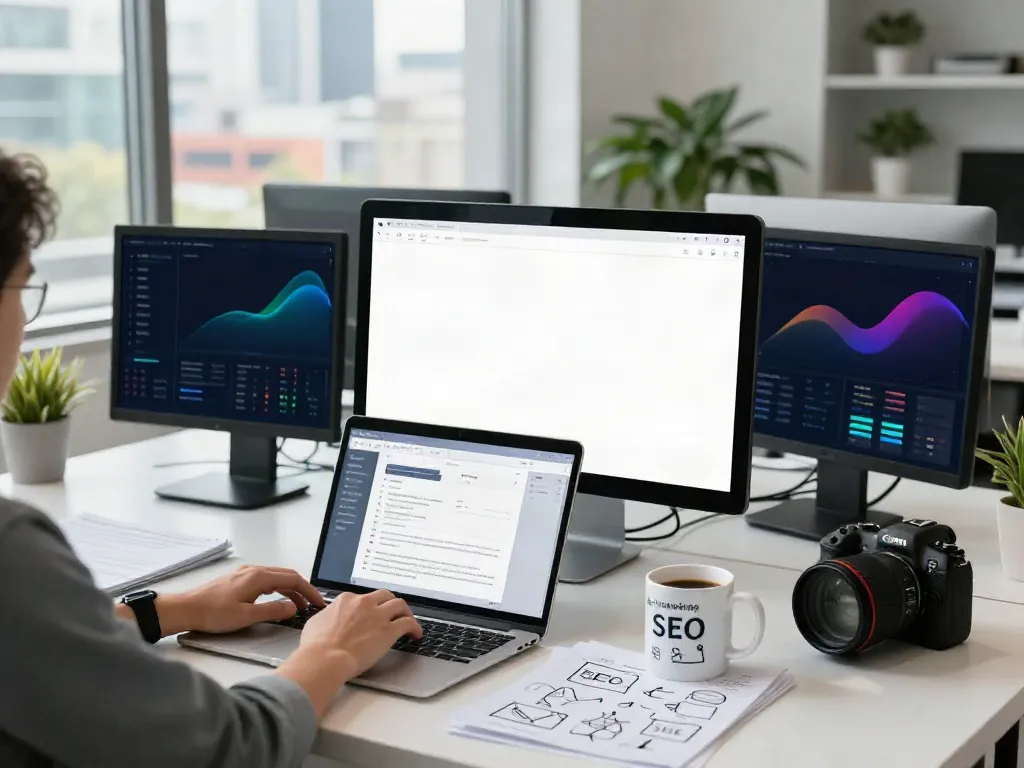 SEO specialist analyzing instant indexing tools in a digital marketing workspace.