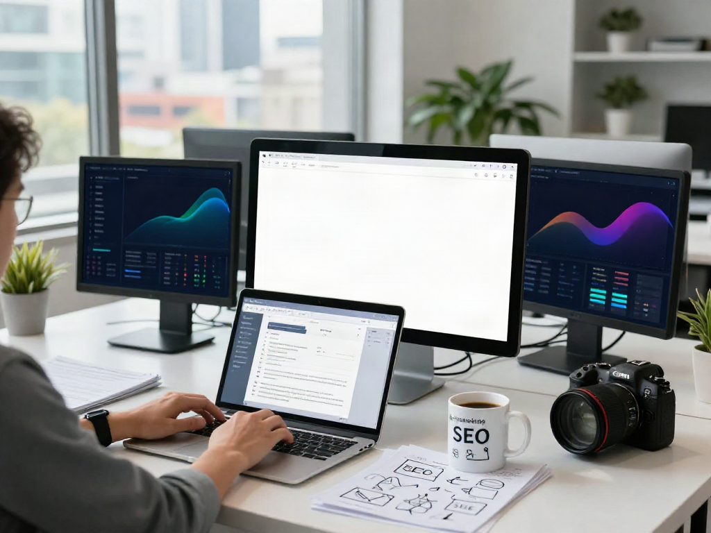 SEO specialist analyzing instant indexing tools in a digital marketing workspace.