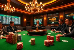 Engage with high-stakes gaming at ONE88 SA COM featuring poker tables and roulette amid a luxurious casino atmosphere.