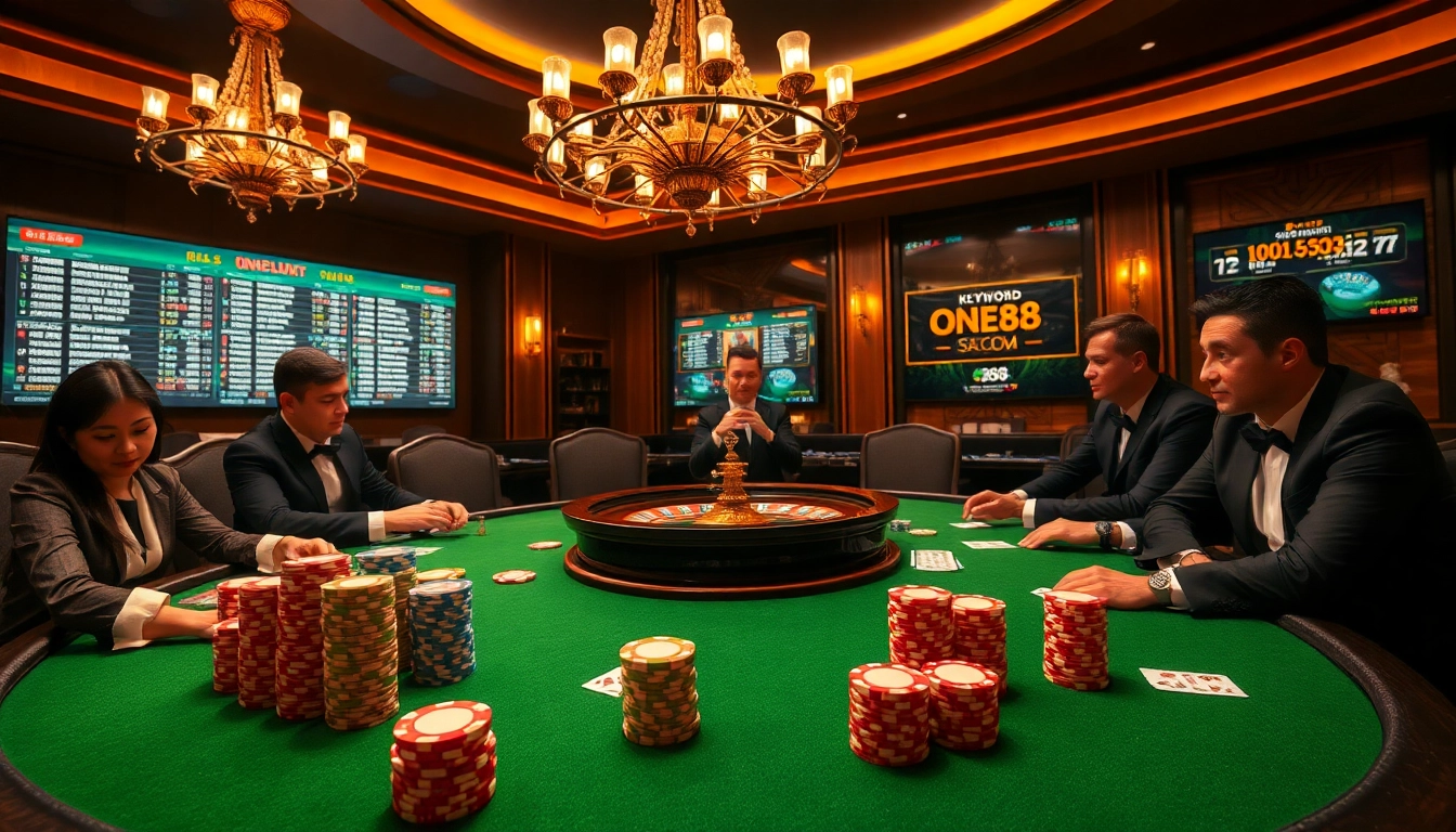 Engage with high-stakes gaming at ONE88 SA COM featuring poker tables and roulette amid a luxurious casino atmosphere.