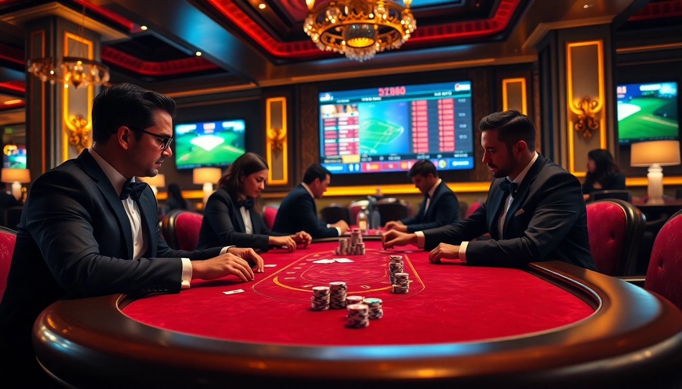 Players engaging in a poker game at nhà cái uk88, featuring high-stakes chips and sports betting updates.