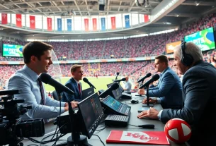 Engaging scene of sports broadcasting with announcers and a lively crowd during a game.