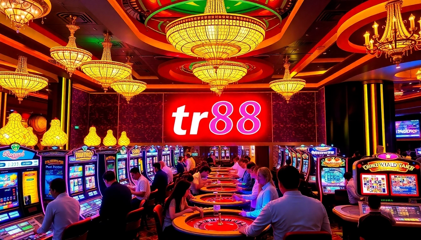 tr88 players engaged in thrilling casino games at a vibrant gaming floor