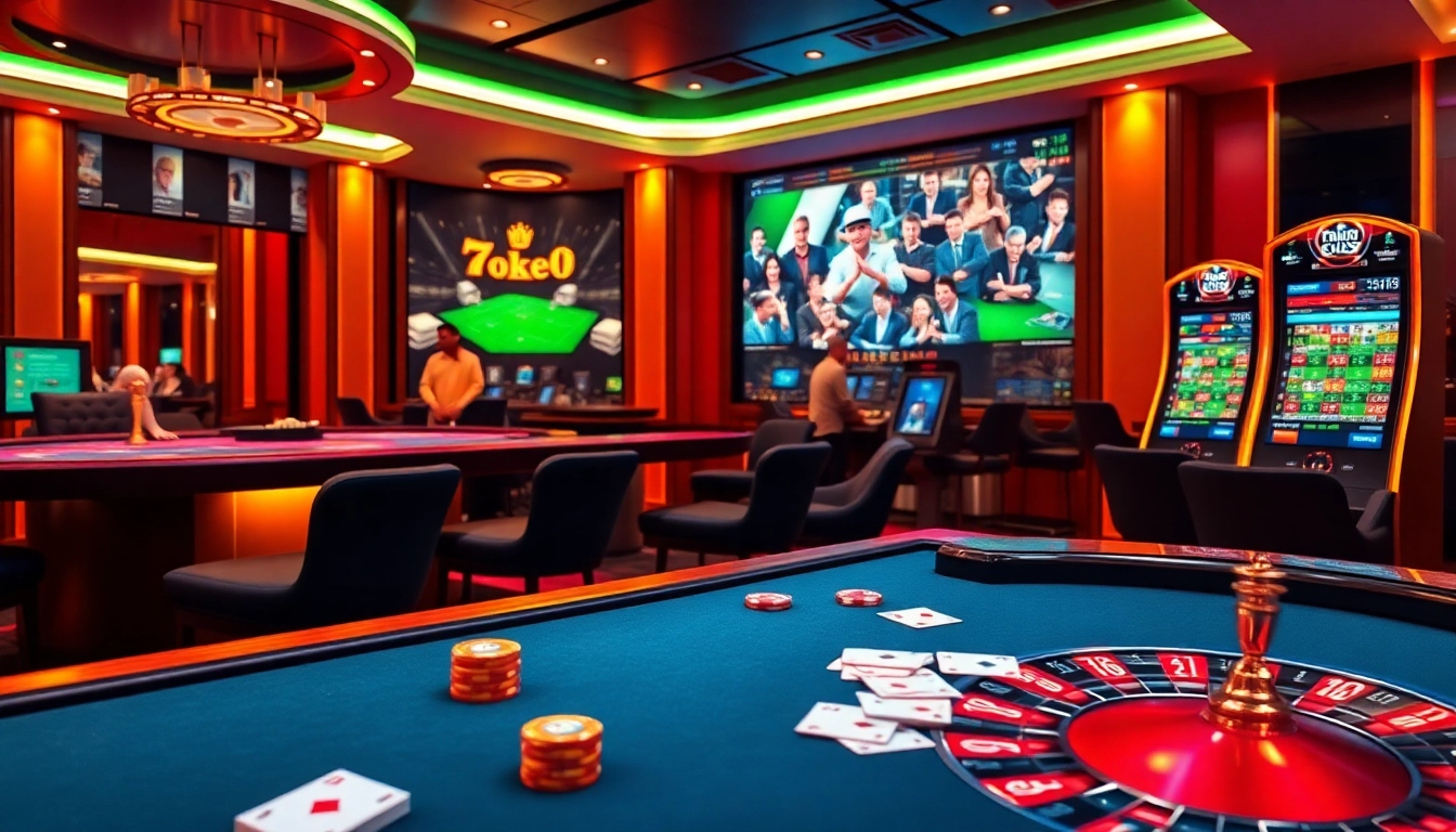 Engaging gambling scene at nhà cái 789BET showcasing poker tables, slots, and sports betting.
