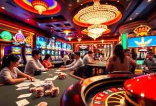 Experience excitement at TK88 Casino with lively players engaging in vibrant table games and slots.