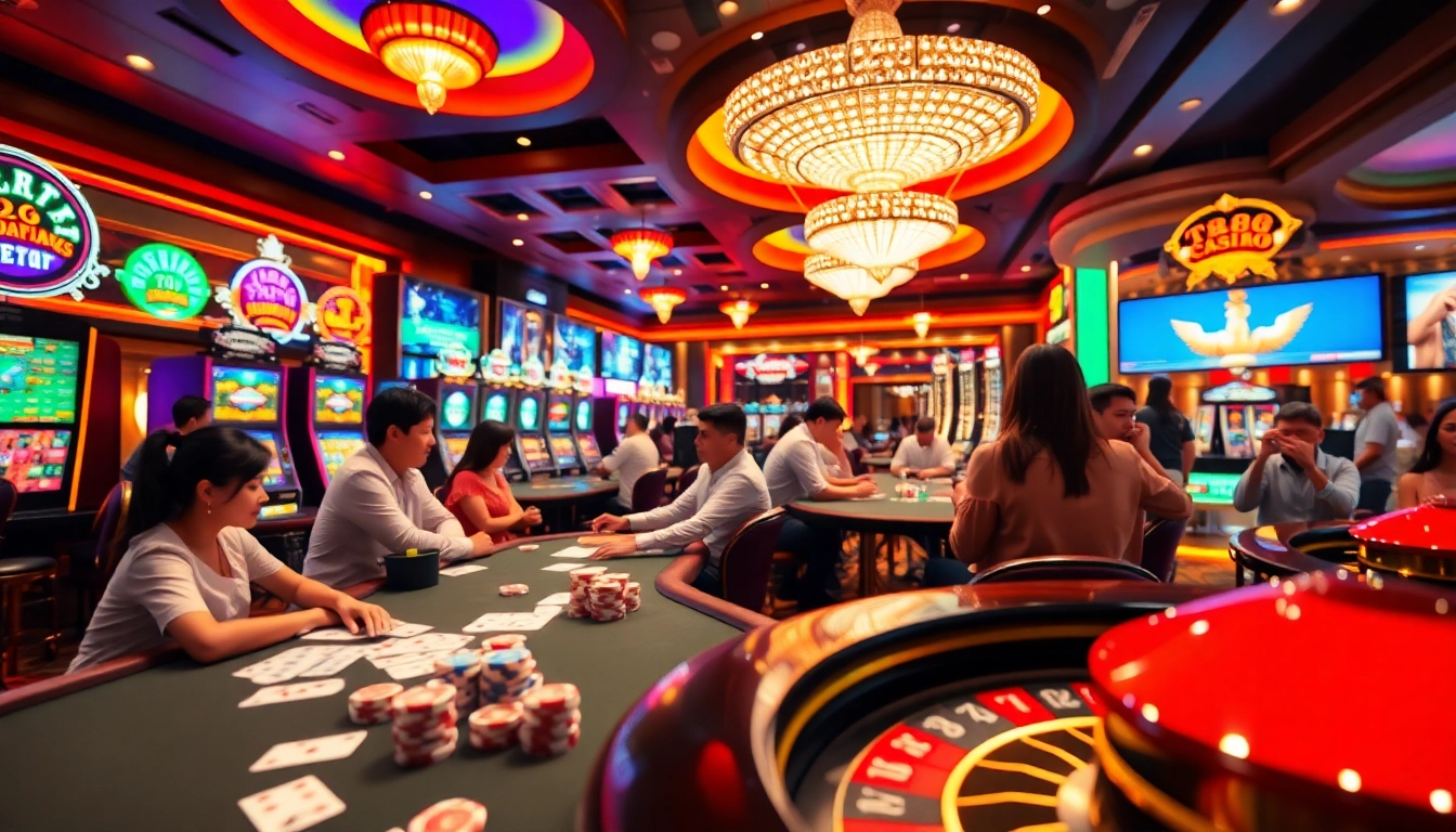 Experience excitement at TK88 Casino with lively players engaging in vibrant table games and slots.