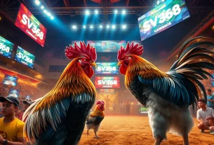 Exciting live cockfighting match at SV368, highlighting sv368win.live's thrilling atmosphere and vibrant audience.