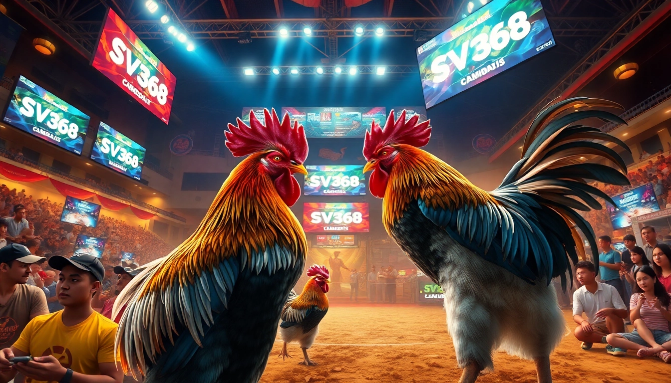 Exciting live cockfighting match at SV368, highlighting sv368win.live's thrilling atmosphere and vibrant audience.