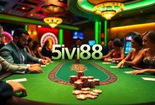 Engage with the excitement of Five88 link at a luxurious poker table in a stylish casino setting.