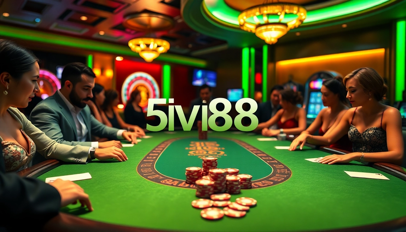 Engage with the excitement of Five88 link at a luxurious poker table in a stylish casino setting.