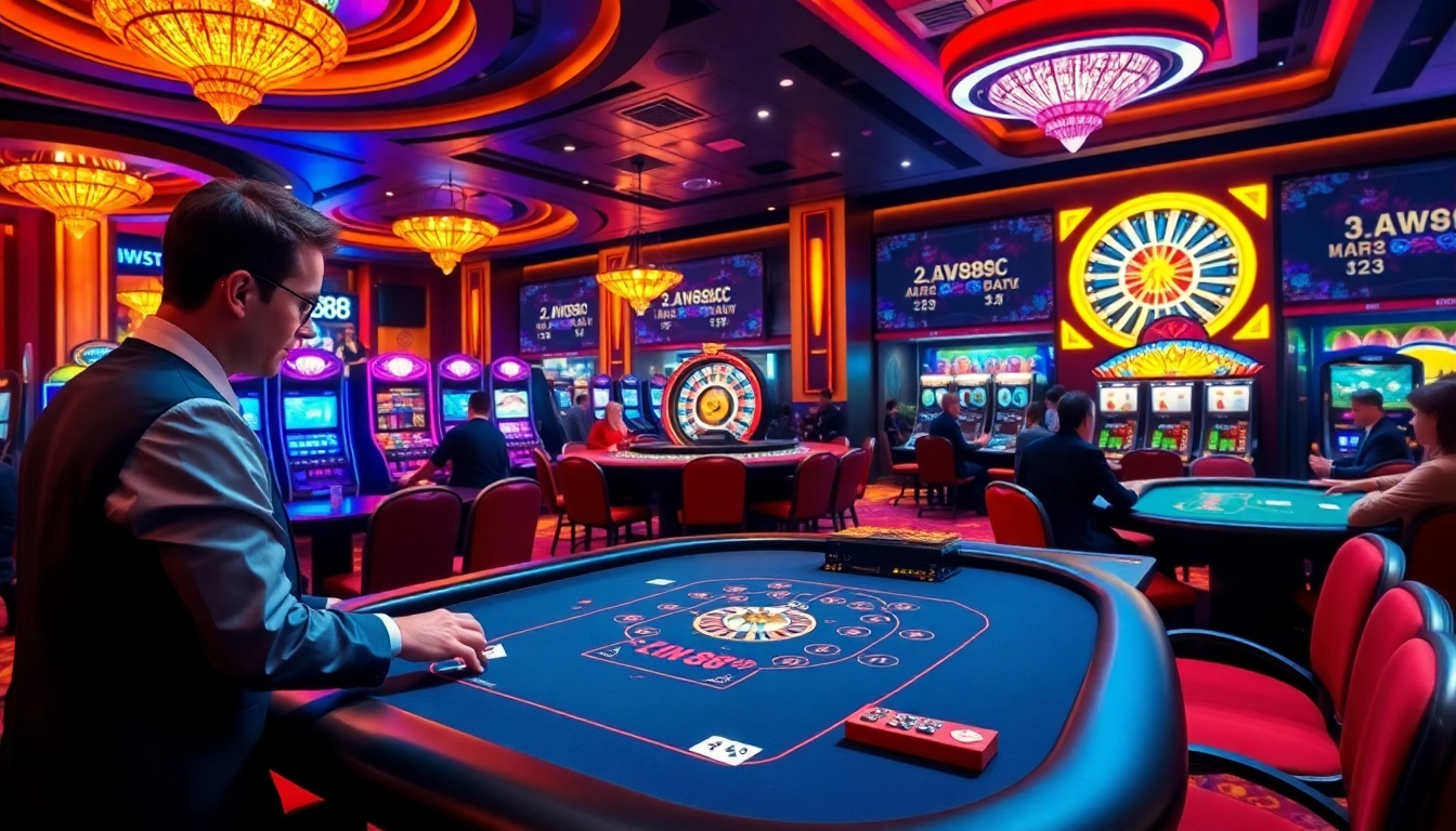 Players enjoying a thrilling gaming experience at Fun88 casino tables, showcasing excitement and luxury.