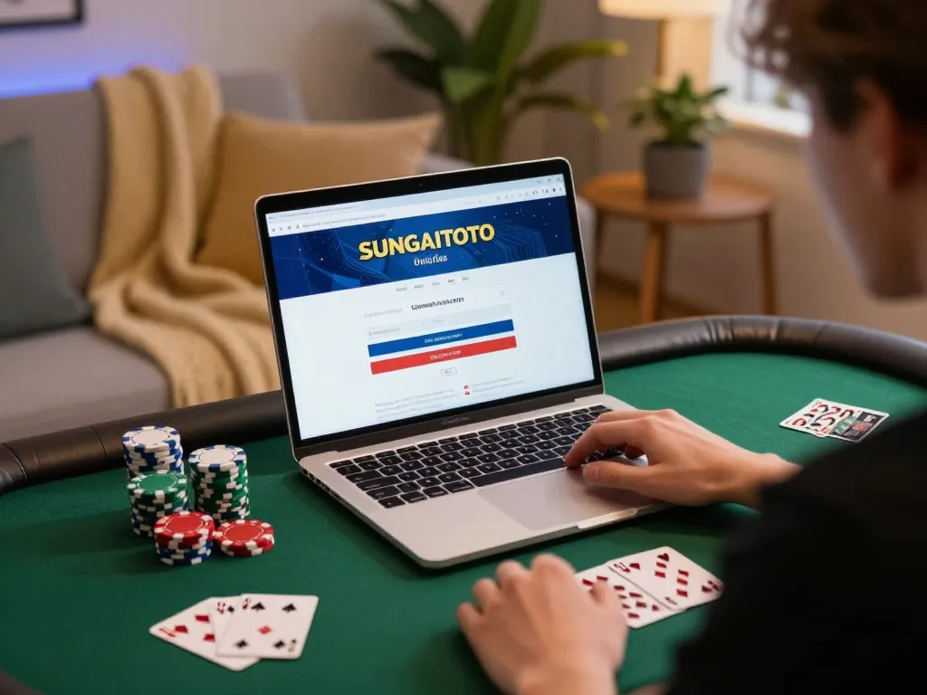 Using the SUNGAITOTO login page for online gambling from a cozy home setup.