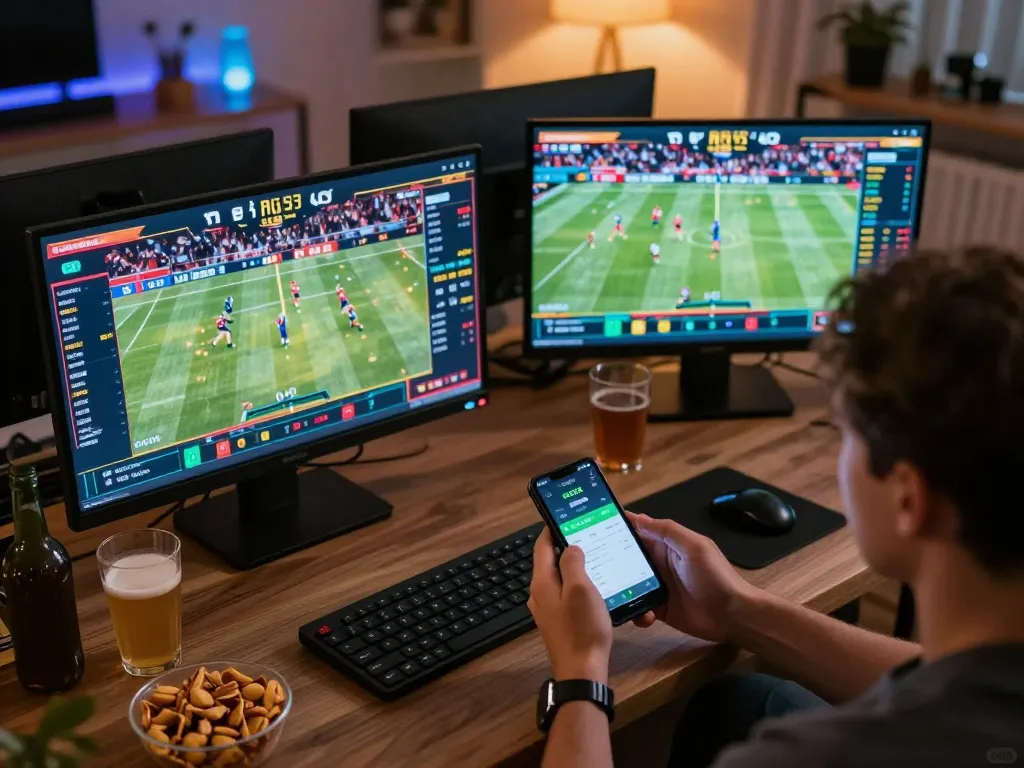 Engaged user placing bets on the Bl555 app while enjoying sports in a cozy setting.