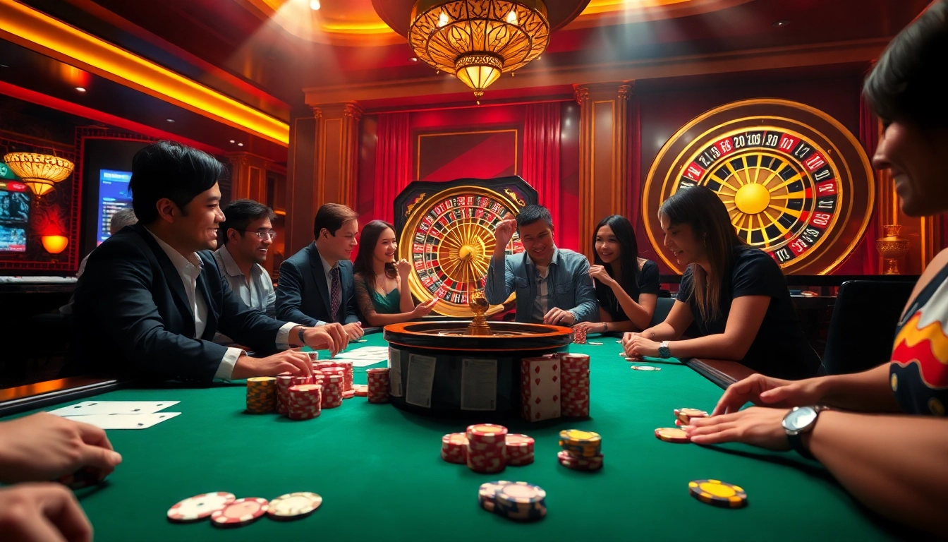 Players at AU88 casino celebrating a win with poker cards and chips in an exciting atmosphere.
