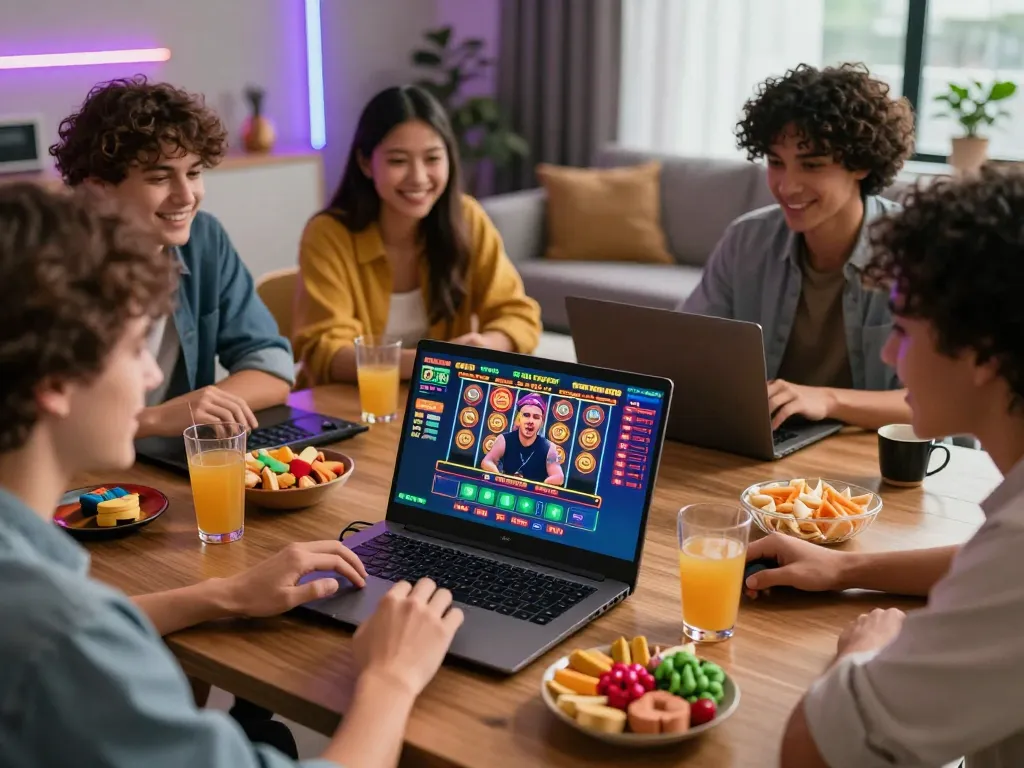 Exciting tk88 online gambling scene with friends enjoying live dealer games and vibrant snacks