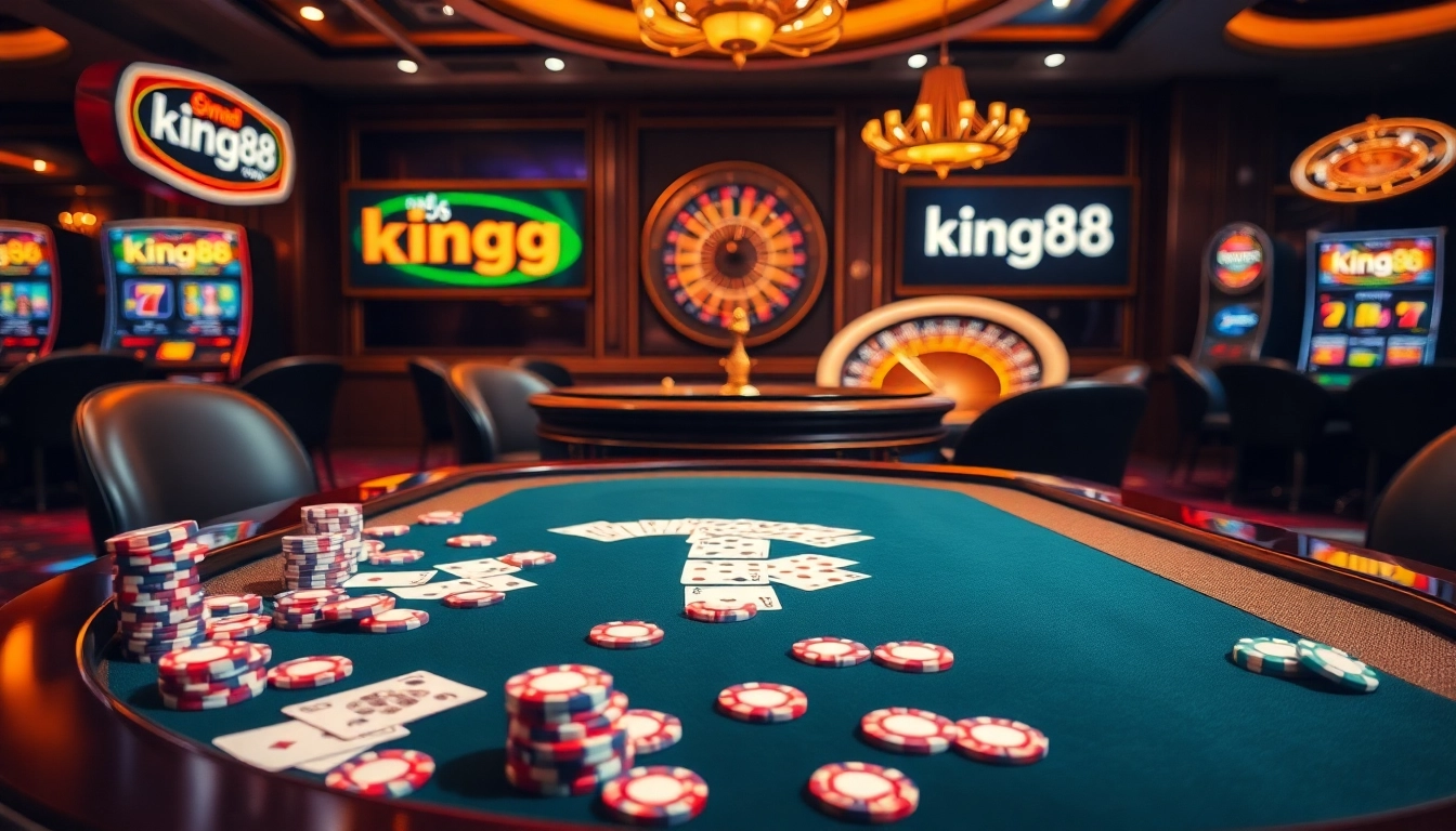 Experience excitement at king88 with vibrant casino elements, including poker chips and roulette wheel.