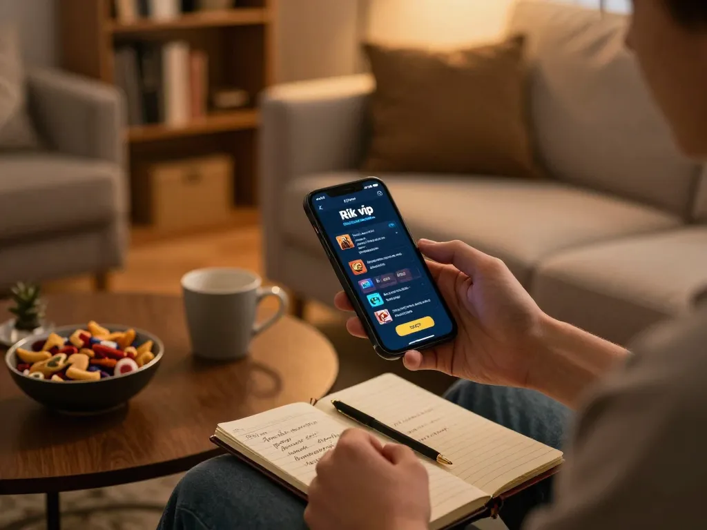 Engaging with the rik vip mobile casino app in a cozy home setting while enjoying snacks and gaming strategies.