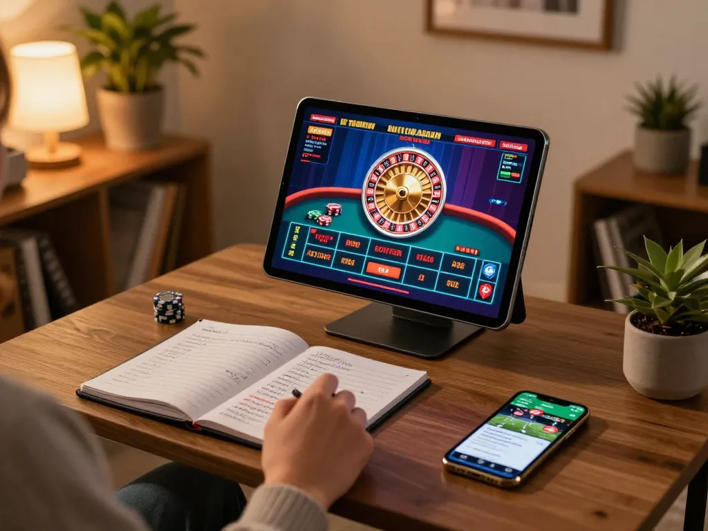 Player enjoying an engaging SHBET live dealer game on a tablet, surrounded by strategic notes and warm home ambiance.