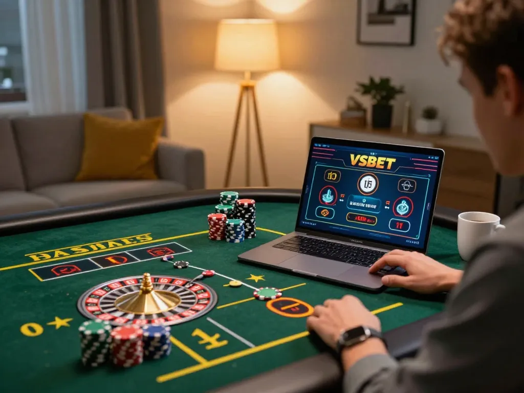 VSBET player enjoying an online roulette game in a cozy home setting.