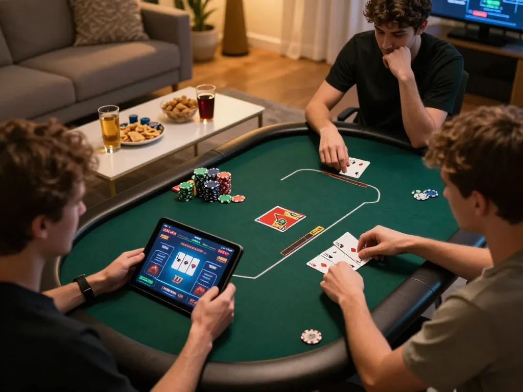 Engaging online poker action at home with LV88 app on tablet, showcasing strategic gameplay and snacks.