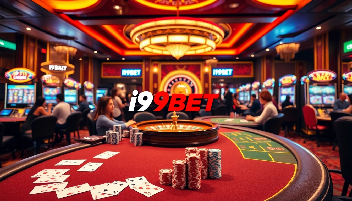 I9BET players enthusiastically engaging at a lavish casino table, showcasing an exciting gaming atmosphere.