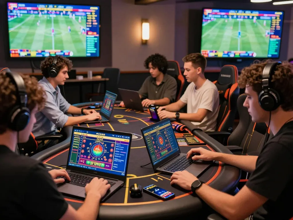 Friends enjoying gaming experience on AZ888 online casino with vibrant visuals and live sports.
