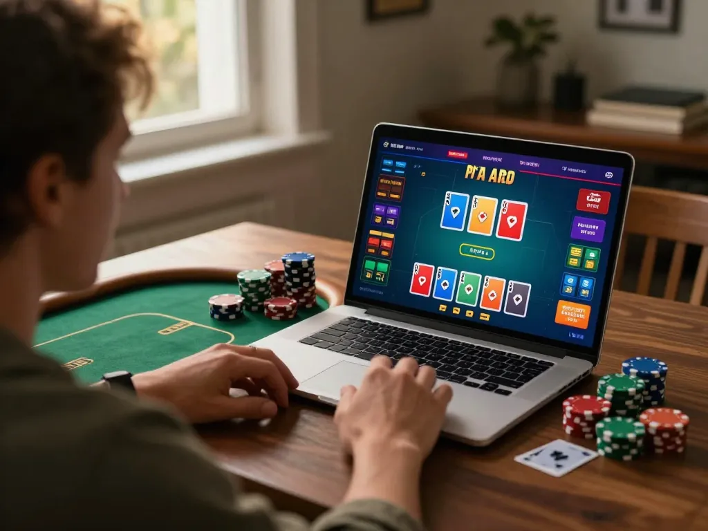 Engaged player enjoying an online poker game at home on a laptop, km777 showcasing dynamic gameplay.