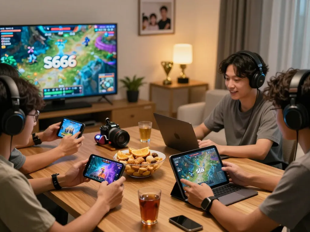 Players enjoying S666 games in a cozy living room with devices and snacks.