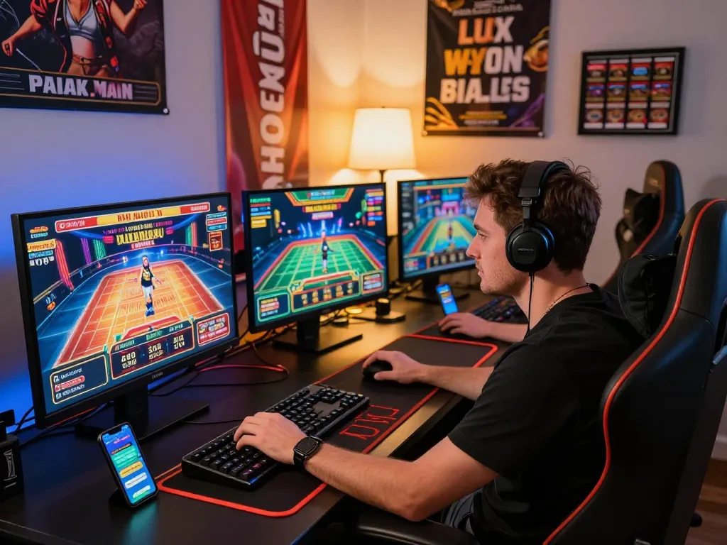 Engaging online gambling setup showcasing GA88 gaming action with multiple screens and a focused player.