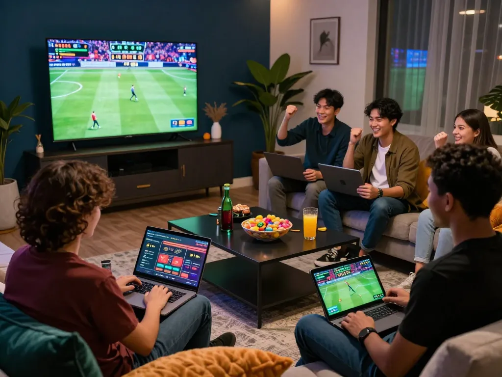 Exciting Rikbet online gambling scene with diverse players enjoying sports betting in a stylish living room.