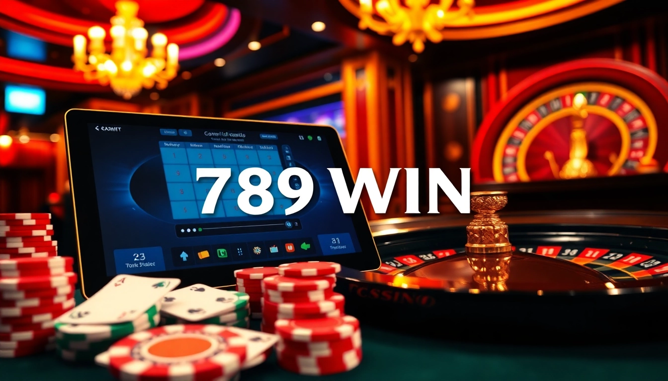 Experience the thrill of online gambling with 789WIN's vibrant casino atmosphere filled with poker chips and cards.
