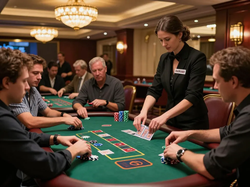 Players engage at a blackjack table in a luxurious casino, exploring nhà cái uy tín Sunwin's thrilling offerings.